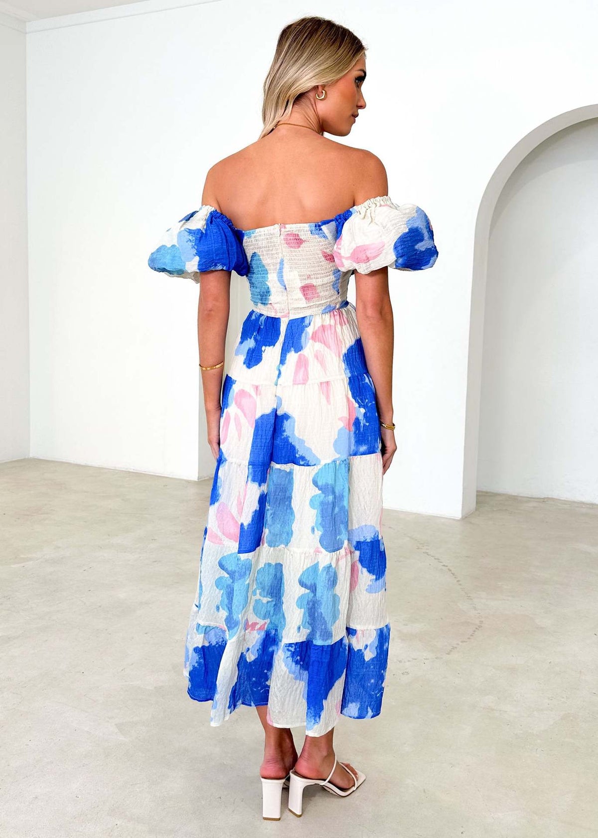 Floral Backless Puffy Sleeves Long Dress