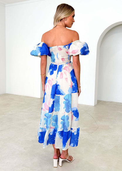 Floral Backless Puffy Sleeves Long Dress