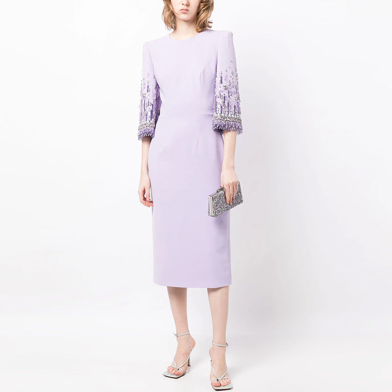 Embroidered Beaded Midi Dress Elegant Party Attire