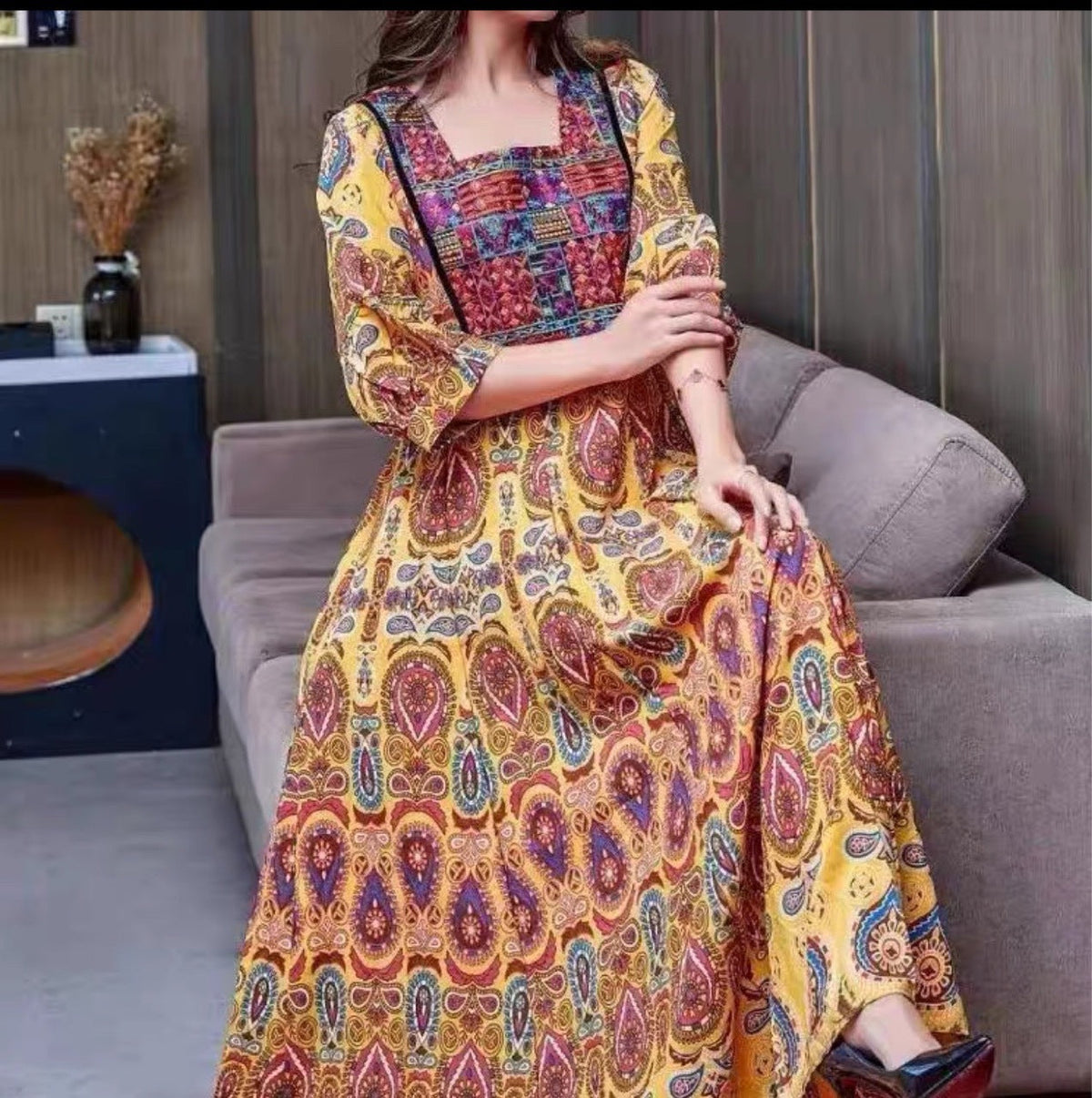 Bohemian Ethnic Style Big Swing Embroidery Dress Women'S Long Dress