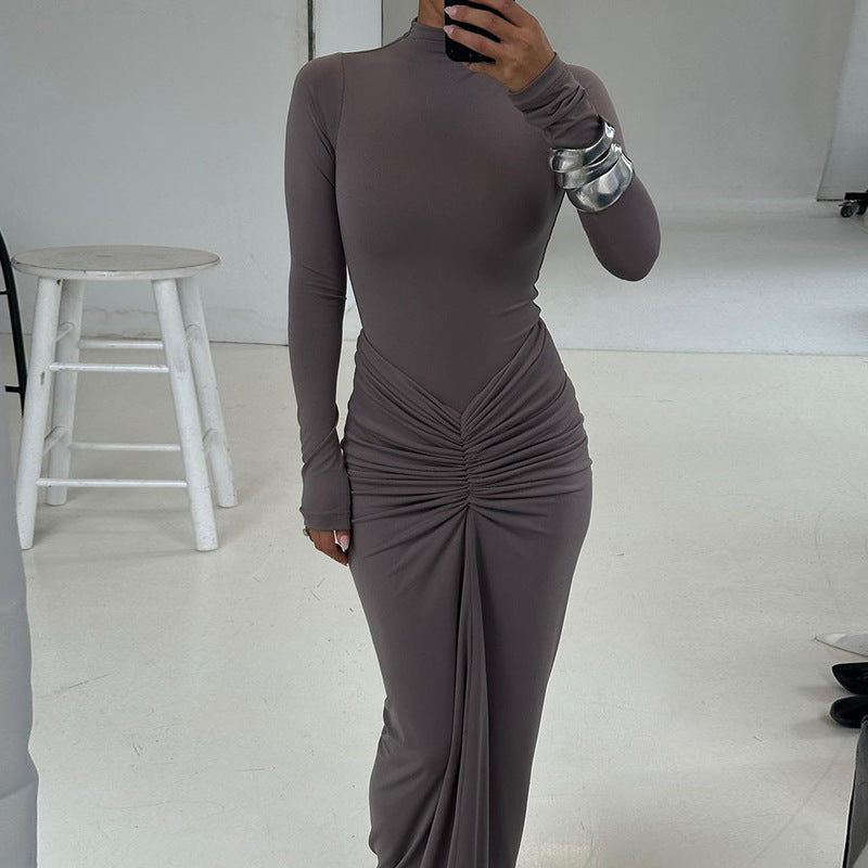 Elegant Solid Color Long Sleeve Maxi Dress With Ruching