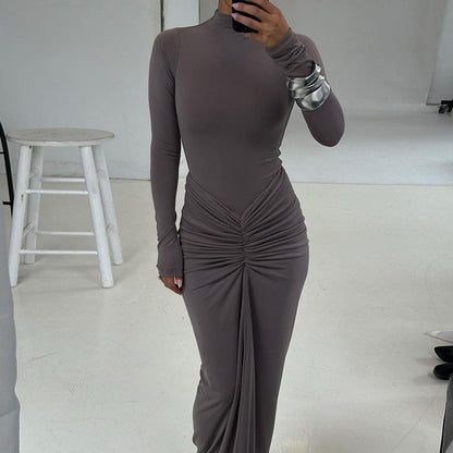 Elegant Solid Color Long Sleeve Maxi Dress With Ruching