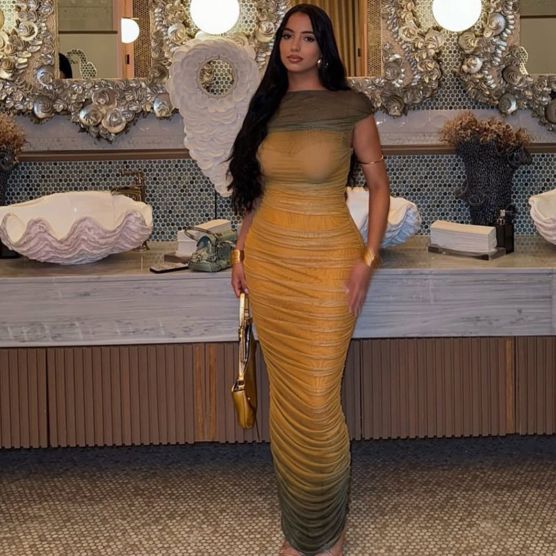 Color Block Bodycon Dress Gradient One-Shoulder Long Dress