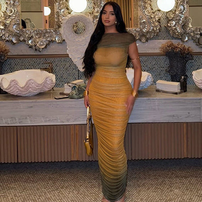 Color Block Bodycon Dress Gradient One-Shoulder Long Dress
