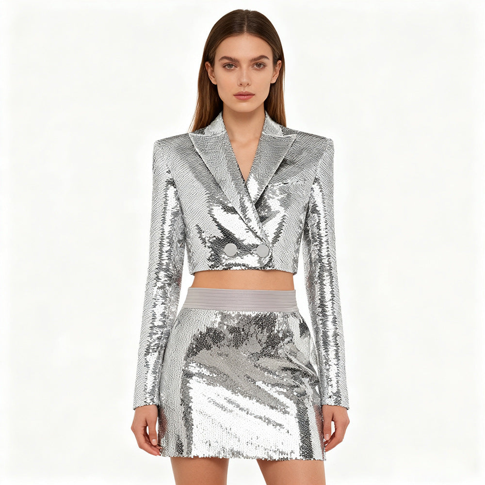 Bling Bling Sequined Short Skirt Suit Set