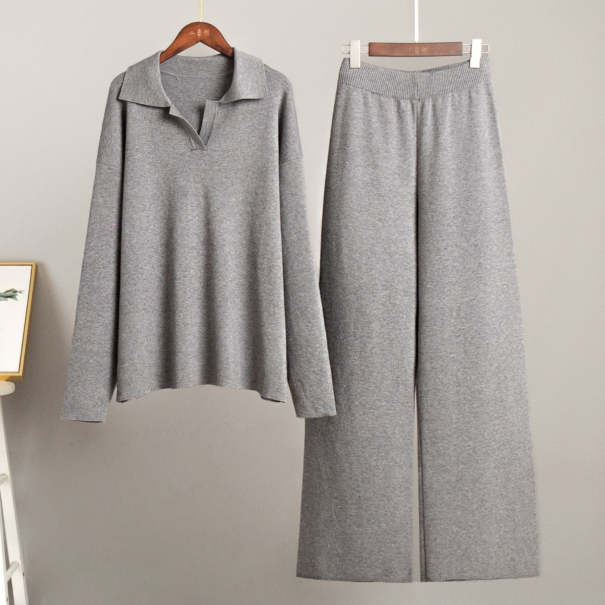 Knitted Sweater Set with Polo Neck and Wide Leg Pants for Casual Style