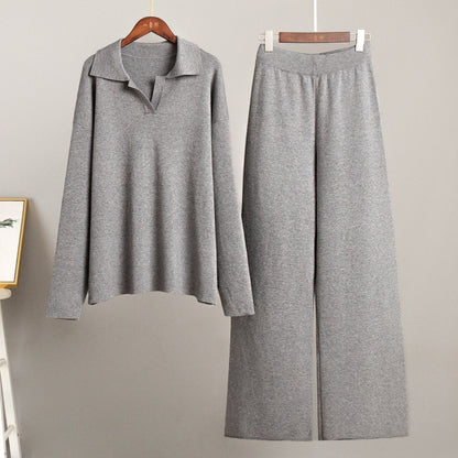 Knitted Two-Piece Set Polo Neck Sweater and Wide Leg Pants