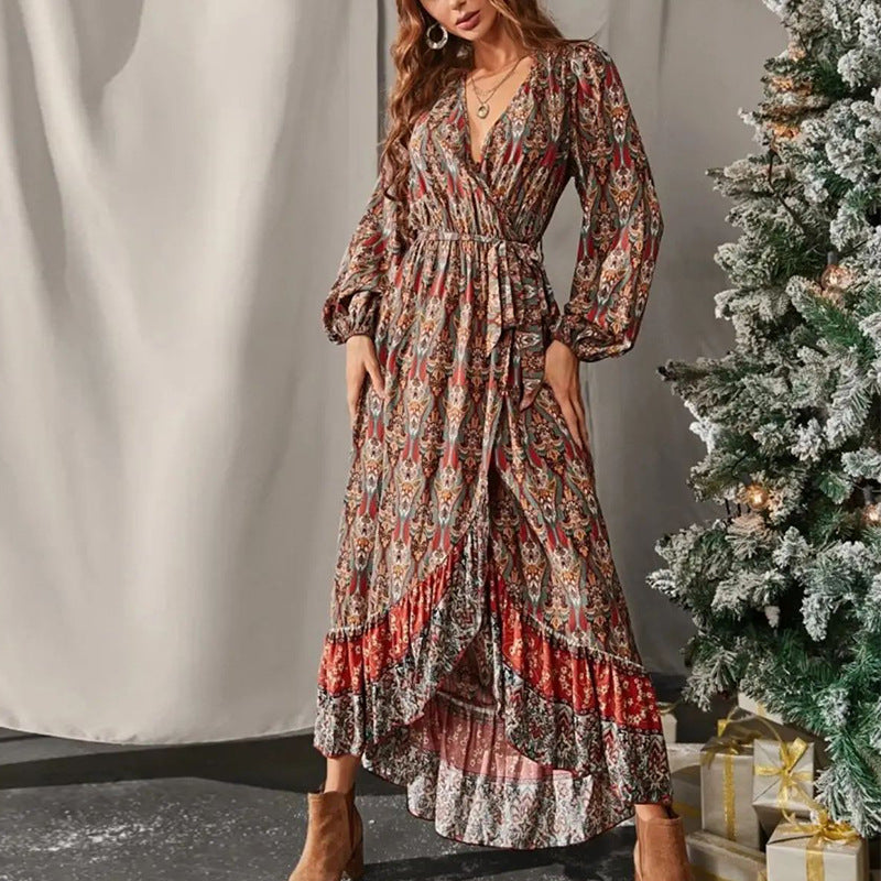 Spot Women Dress Autumn New Long-Sleeved Swing Bohemian Print Dress