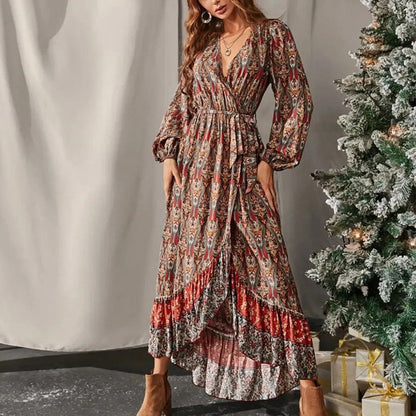 Spot Women Dress Autumn New Long-Sleeved Swing Bohemian Print Dress