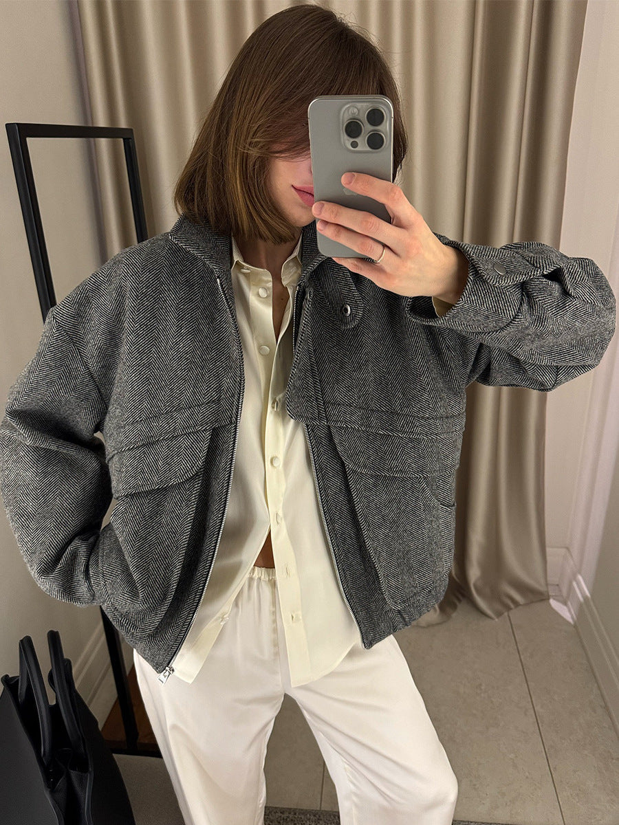 Trendy Houndstooth Zip-Up Jacket