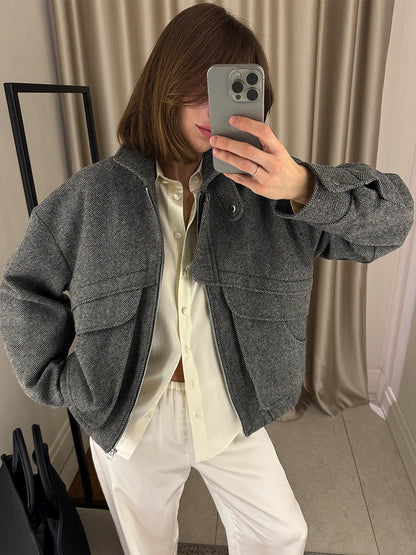 Trendy Houndstooth Zip-Up Jacket