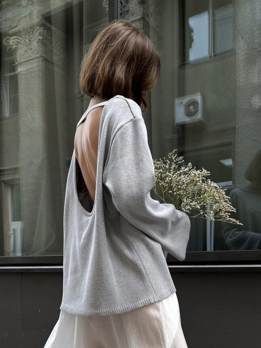Stylish Backless Knit Sweater Cozy Casual Pullover