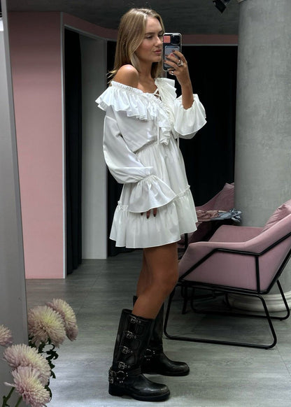 Ruffled A Line Dress Lightweight White Fabric