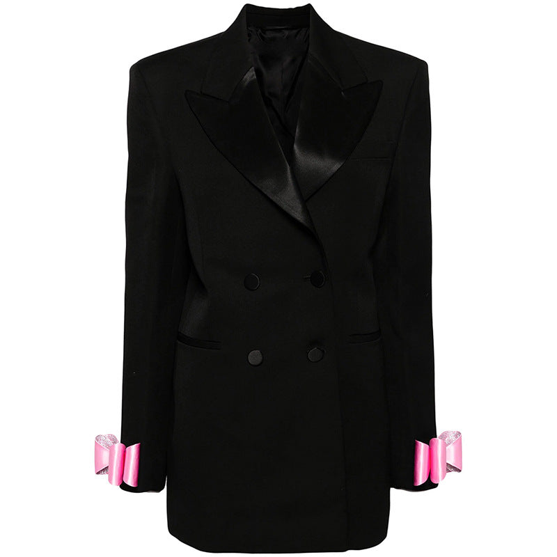 Double-Breasted Satin Long Blazer With Bow Tie