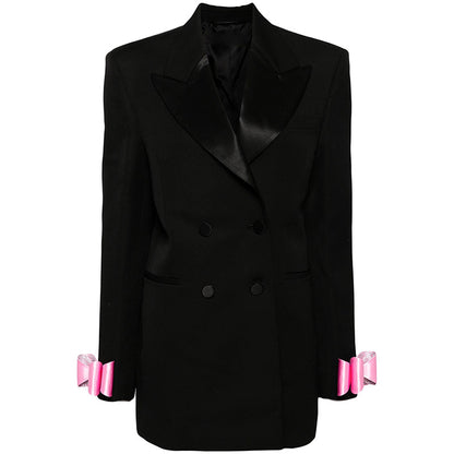 Double-Breasted Satin Long Blazer With Bow Tie