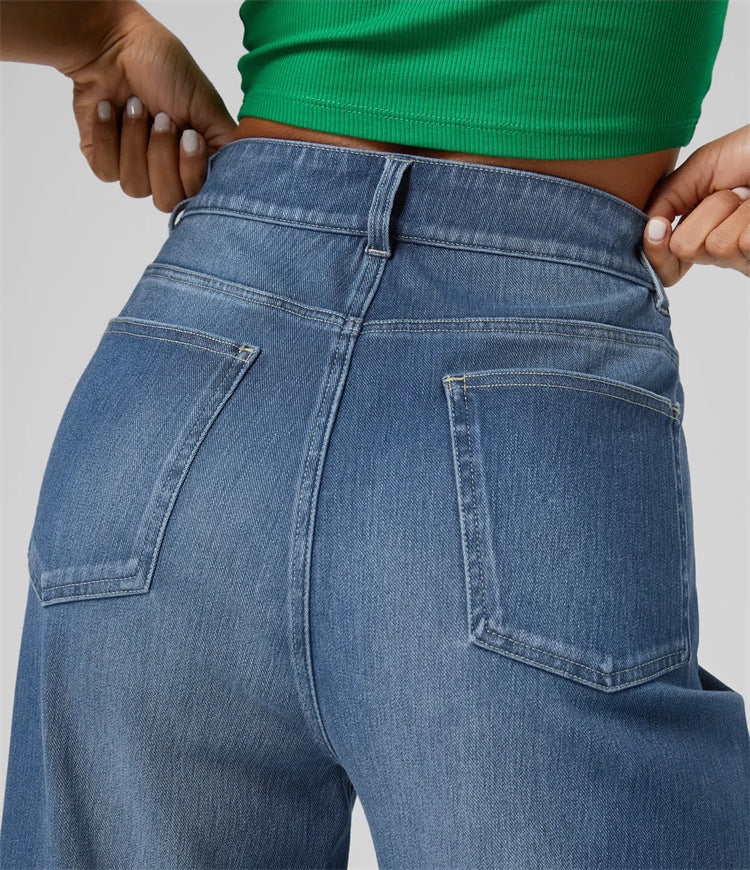 Washed High Waist Casual Straight Leg