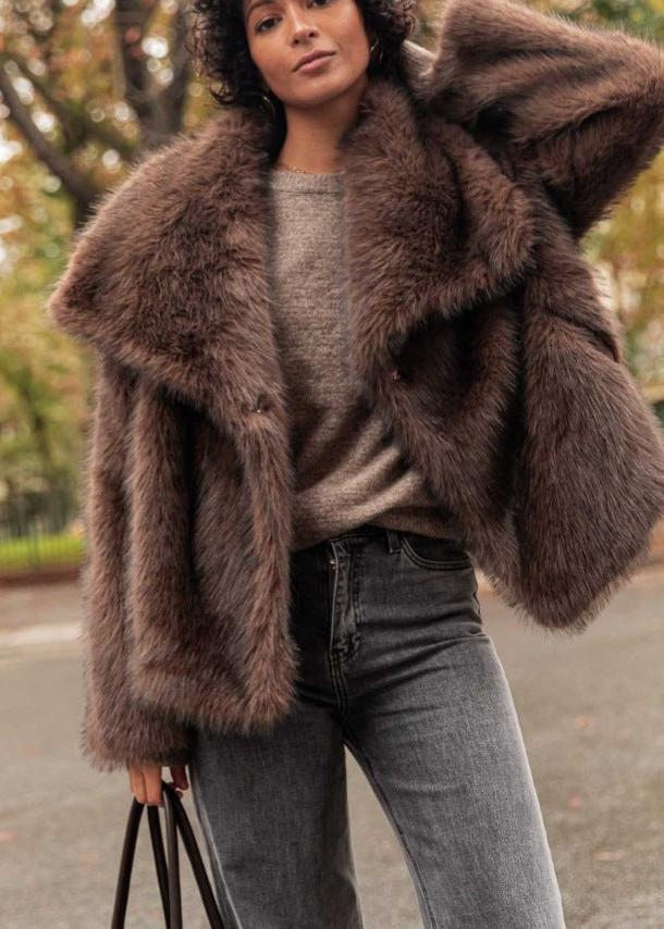 Faux Fur Jacket Plush Texture Dark Brown
