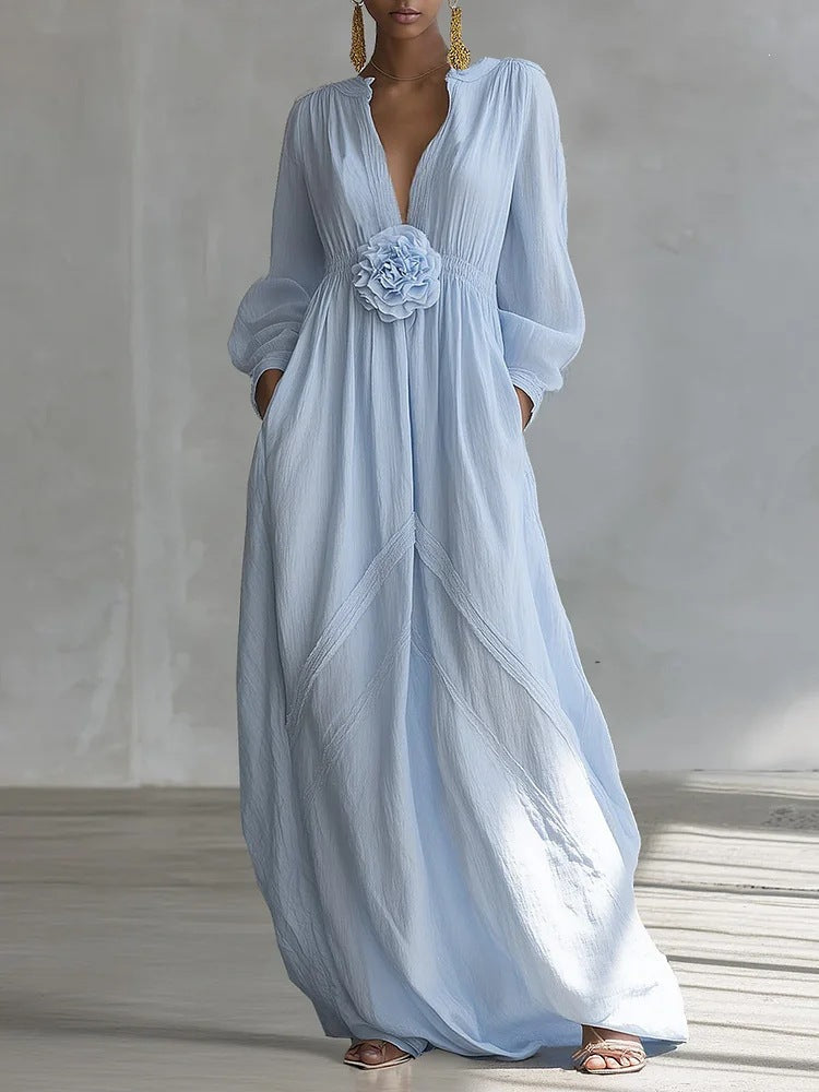 Long Puff Sleeve Textured Fabric Flowy Wedding Guest Dress with Side Pockets
