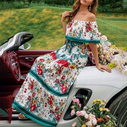Spring And Summer New One-Shoulder Print Long Swing Dress