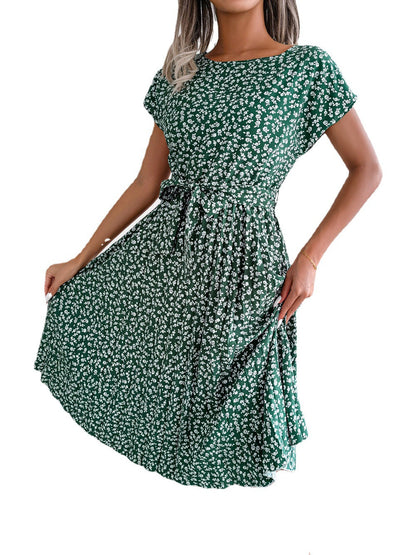 Spring And Summer New Casual Short-Sleeved Floral Big Pleated Skirt Women'S Clothing