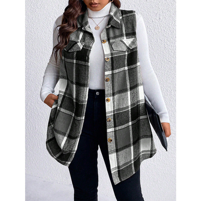 Checkered Sleeveless Vest Casual Loose Women'S Coat