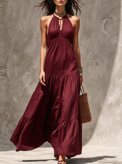 Halter Keyhole Neck Crinkled Tiered Maxi Dress