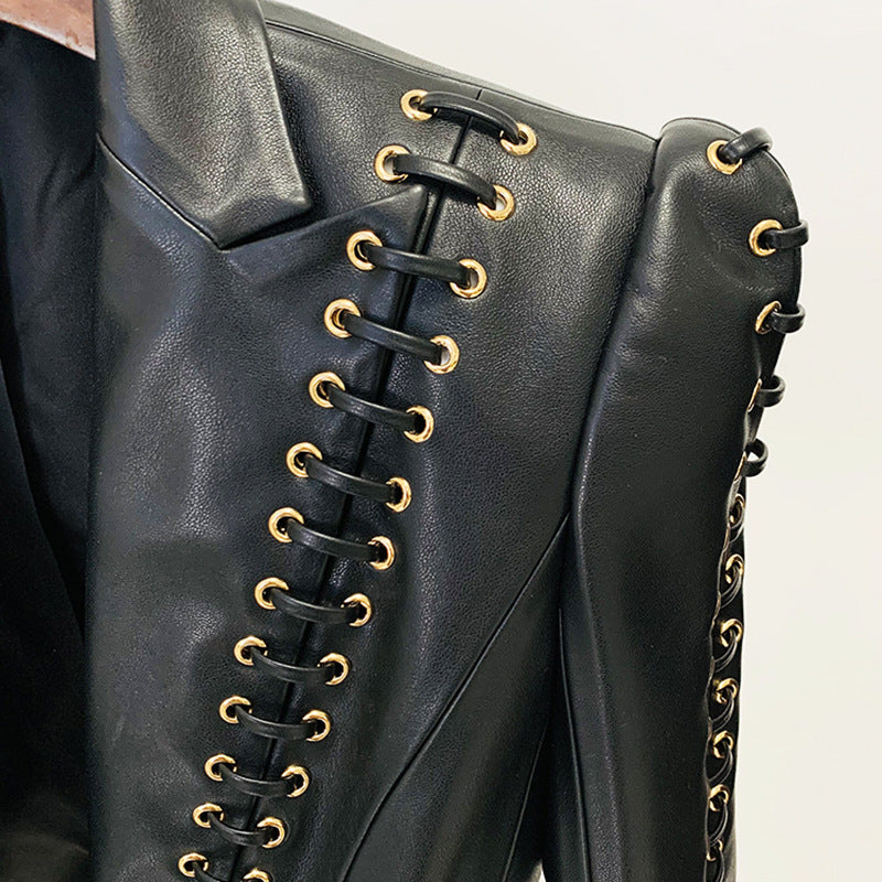 Stylish Black Pu Leather Blazer With Tie Waist