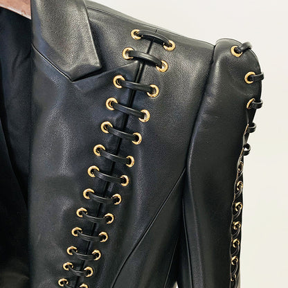 Stylish Black Pu Leather Blazer With Tie Waist