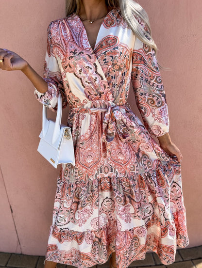 Women'S Spring New V-Neck Long Sleeve Floppy Dress