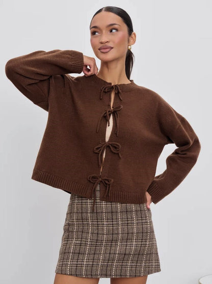 Autumn And Winter Casual Loose Cardigan Lace-Up Solid Color Knitted Sweater Women