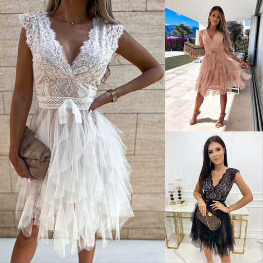 Elegant V-Neck Lace Trim Sleeveless Party Dress