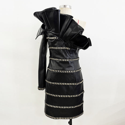Stylish Asymmetrical Ruffled One-Shoulder Pu Dress