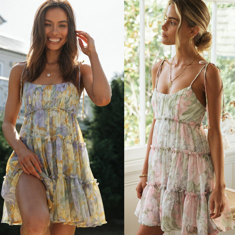 Fashion Women'S Dress With Hanging Strap, Printed Lace Up, Large Hem Dress