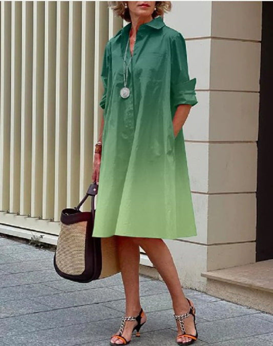 Spring And Summer Fashion Gradient Print Shirt Collar, Long Sleeve Pockets, Midi Dress