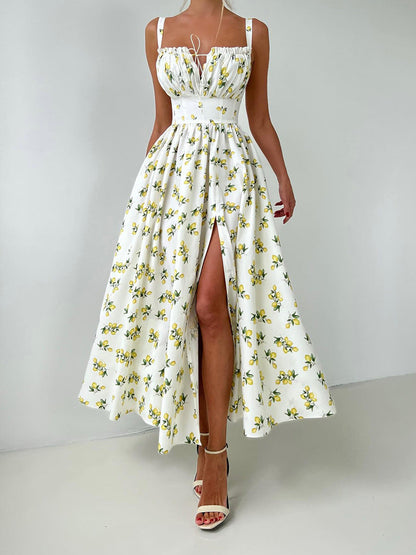 Floral Print V Neck High Waist Maxi Dress
