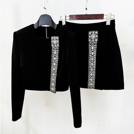 Trendy Black Beaded Jewel-Embellished 2-Piece Skirt Set