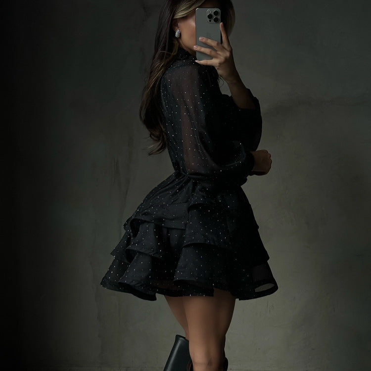 Stylish Black A-Line Dress with Rhinestones