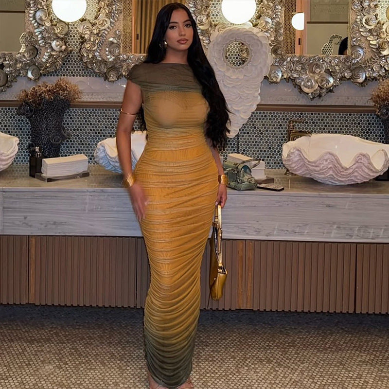 Color Block Bodycon Dress Gradient One-Shoulder Long Dress