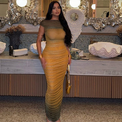 Color Block Bodycon Dress Gradient One-Shoulder Long Dress