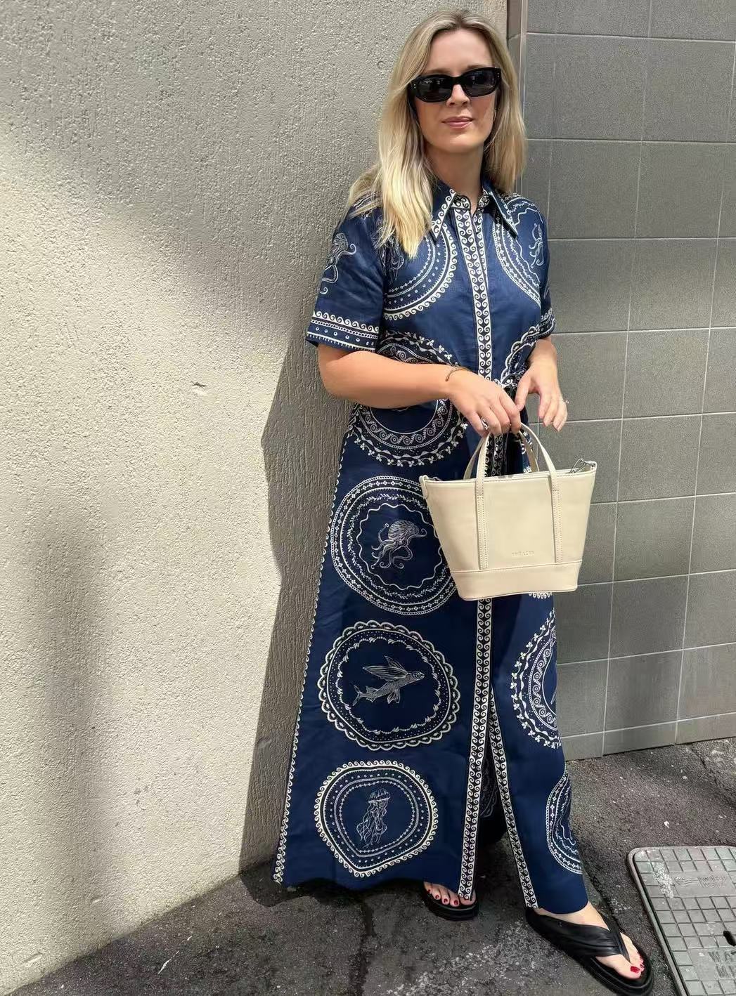 Elegant Blue Linen A-Line Dress with Animal Print