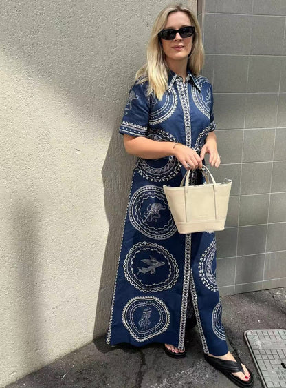 Elegant Blue Linen A-Line Dress with Animal Print