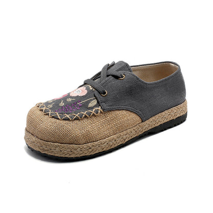 Leisure Lace Up Front Buckle Round Head Women'S Embroidered Shoes, Low Cut Flat Heel Cotton Linen Cloth Shoes, Spring And Summer Single Shoe