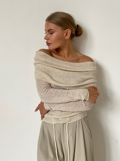 Off-Shoulder Knitted Top Slim Fit Solid Color Long Sleeve Pullover