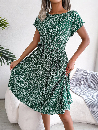 Spring And Summer New Casual Short-Sleeved Floral Big Pleated Skirt Women'S Clothing