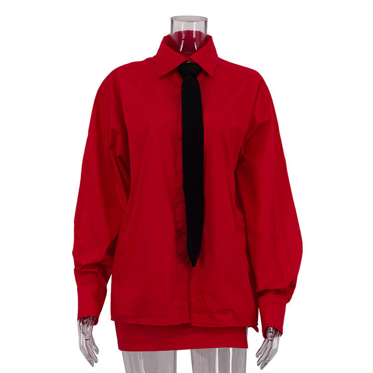 Elegant Commuter Dress Set Women's Collar Long Sleeve Top and Tie Waist Pencil Skirt