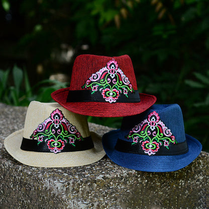Embroidered Hat In Summer, Straw Hat, Women'S Top Hat, Tibetan Style, Sun Protection, National Style Embroidery In Summer And Autumn