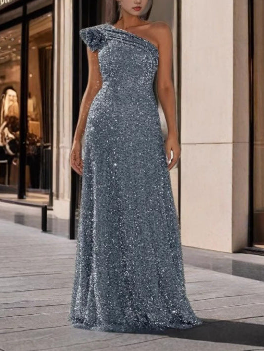 Silver Sequin A-Line Maxi Dress With One Shoulder Design