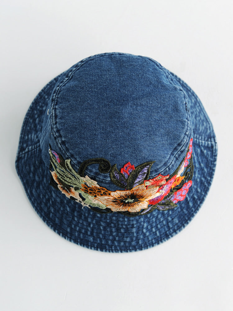 Fashion National Style Embroidered Denim Fisherman Hat Outdoor Sun Protection Travel Street Basin Hat.