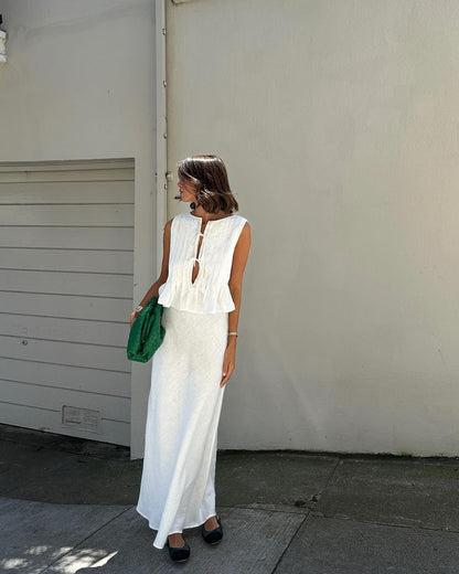 6 Colors Breathable Cotton And Linen Pleated Sleeveless Straps, Women'S Shirts, High Street Long Skirts.