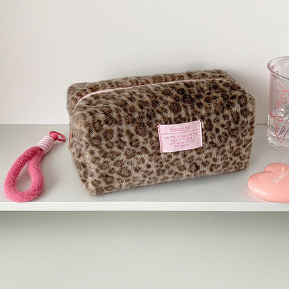 Cute Fuzzy Leopard Print Portable Makeup Bag